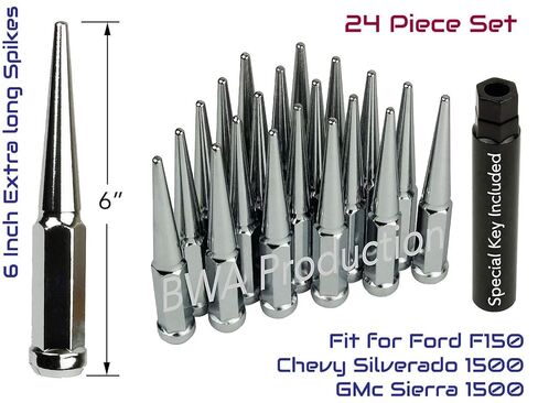 24 PCs Extra Long 6" Tall 14x1.5 Chrome Spike Lug Nuts with Key, Designed to Fit 2015-2019 Ford F150, 1999-2019 Chevy Silverado 1500, 1992-2019 Chevy Tahoe, 1994-2019 GMC Sierra 1500 in Kuwait
