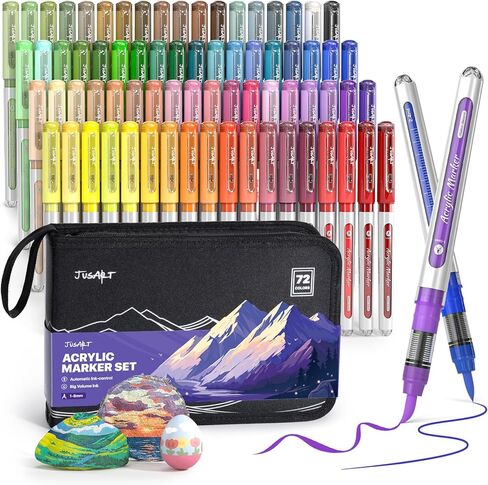 JusArt 30 Colors Acrylic Paint Markers Brush Tip, Water Based Paint Pens with Automatic Ink-Control, Waterproof 1-8mm Flexible Tip Acrylic Markers for Rock Painting, Wood, Fabric, Egg, Art Supplies in Kuwait