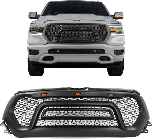 IKON MOTORSPORTS، شبكة علوية متوافقة مع 2019-2024 Ram 1500، غطاء شبكة شواء أمامي بنمط المتمردين ABS أسود غير لامع مع أضواء إشارة، 2020 2021 2022 2023 in Kuwait