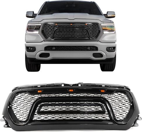 IKON MOTORSPORTS، شبكة علوية متوافقة مع 2019-2024 Ram 1500، غطاء شبكة شواء أمامي بنمط المتمردين ABS أسود غير لامع مع أضواء إشارة، 2020 2021 2022 2023 in Kuwait