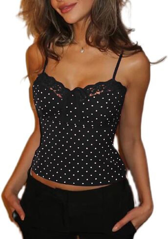 Women Y2k Polka Dot Cami Top Lace Trim V Neck Spaghetti Strap Camisole Dots Print Aesthetic Tank Top in Kuwait