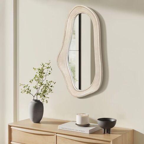 مرآة حائط غير متناظرة من LuxenHome لمدخل الحمام في غرفة المعيشة، مرآة زينة عصرية كبيرة مؤطرة من الخشب الصلب مثبتة على الحائط، منحوتات معلقة لديكور المنزل والمكتب in Kuwait