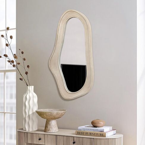 مرآة حائط غير متناظرة من LuxenHome لمدخل الحمام في غرفة المعيشة، مرآة زينة عصرية كبيرة مؤطرة من الخشب الصلب مثبتة على الحائط، منحوتات معلقة لديكور المنزل والمكتب in Kuwait