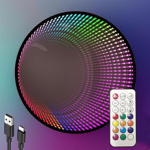 Infinity Mirror Light Round, Remote Controlled, USB Powered LED Wall Decor, Dimmable RGB Color Changing (Black, Remote Control) in Kuwait