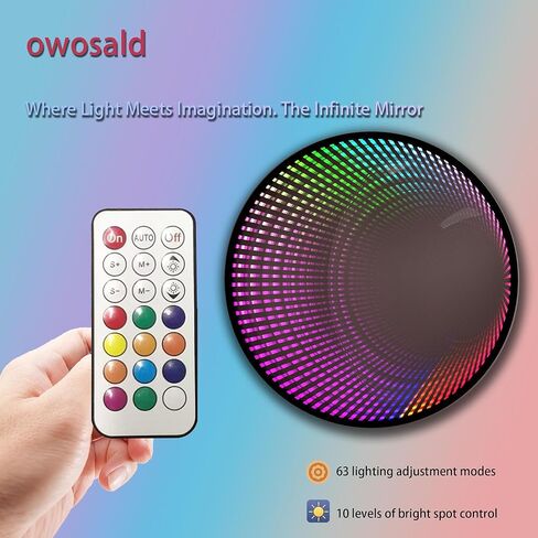 Infinity Mirror Light Round, Remote Controlled, USB Powered LED Wall Decor, Dimmable RGB Color Changing (Black, Remote Control) in Kuwait