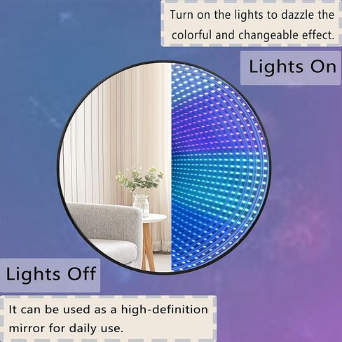 Infinity Mirror Light Round, Remote Controlled, USB Powered LED Wall Decor, Dimmable RGB Color Changing (Black, Remote Control) in Kuwait