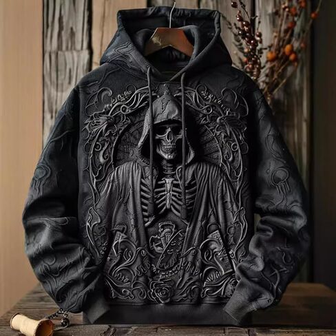 سويت شيرت رجالي بقلنسوة مطبوع عليه جمجمة ثلاثية الأبعاد مع Grim Reaper برباط الموت وجيب أمامي من الصوف in Kuwait