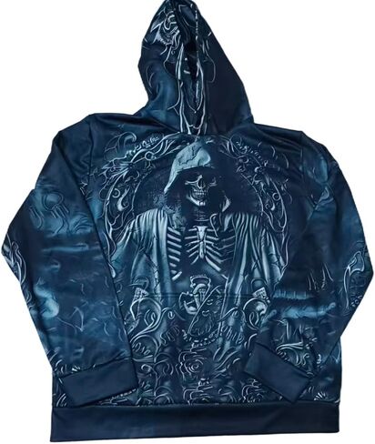 سويت شيرت رجالي بقلنسوة مطبوع عليه جمجمة ثلاثية الأبعاد مع Grim Reaper برباط الموت وجيب أمامي من الصوف in Kuwait