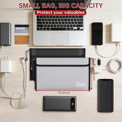 حقيبة نقود مقاومة للحريق، حقيبة مقاومة للحريق بسحاب، حقيبة آمنة محمولة مقاومة للانفجار للنقود وجواز السفر والأشياء الثمينة والعملة والمفاتيح وبنك الطاقة والهاتف (حقيبة فضية وسوداء، 10.6 × 6.3 بوصة) in Kuwait