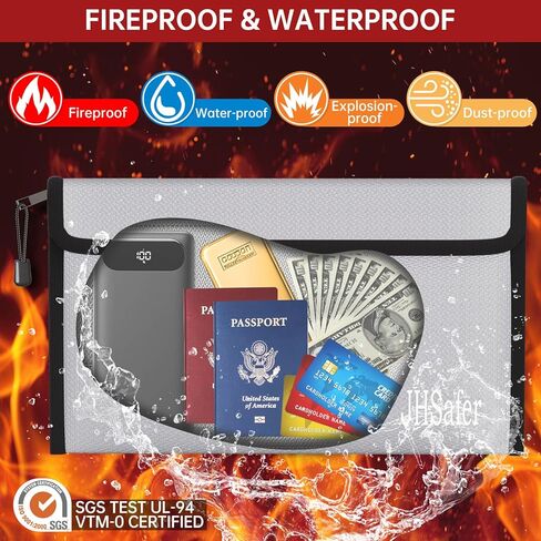 حقيبة نقود مقاومة للحريق، حقيبة مقاومة للحريق بسحاب، حقيبة آمنة محمولة مقاومة للانفجار للنقود وجواز السفر والأشياء الثمينة والعملة والمفاتيح وبنك الطاقة والهاتف (حقيبة فضية وسوداء، 10.6 × 6.3 بوصة) in Kuwait