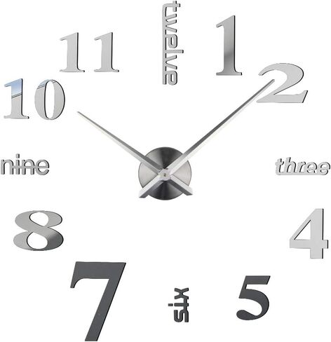 ساعة حائط ثلاثية الأبعاد يمكنك صنعها بنفسك - ملصقات مرآة كبيرة لساعة الحائط الحديثة ثلاثية الأبعاد بدون إطار ديكور للمكتب وغرفة المعيشة وغرفة النوم وديكورات المنزل (فضي) in Kuwait