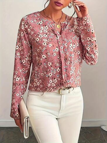 Women's V Neck Flower Print Blouse Elegant Long Sleeve Work Office Tunic Shirts Tops in Saudi Arabia