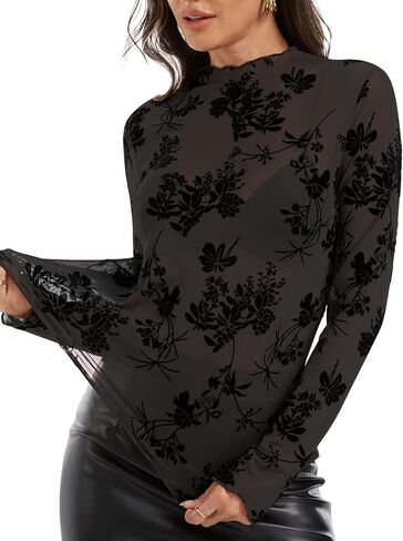 قميص نسائي دانتيل دانتيل كم طويل علوي مثير شبكي دانتيل علوي بلوزات دانتيل مطرزة بالزهور in Kuwait