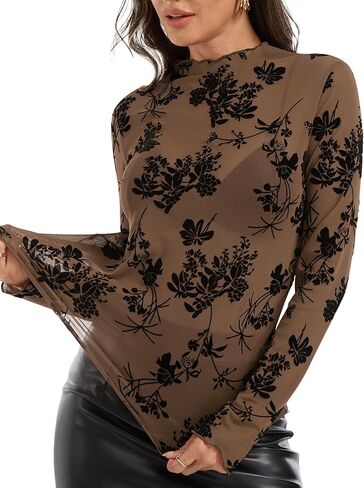 Women Lace Undershirt Lace Long Sleeve Top Sexy Mesh Lace Top Floral Embroidery Lace Blouses in Saudi Arabia