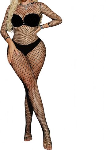 Women Fishnet BodyStocking Mesh Lingerie Long Sleeve Bodysuit One Piece Jumpsuit in Saudi Arabia