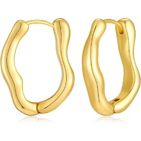 Wave Hoop Earrings for Women 14K Gold Plated Dainty Huggie Hoops Twisted Wavy Irregular Chunky Earrings Hypoallergenic Statement Jewelry Gifts in Kuwait