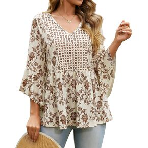 Youtalia المرأة بوهو الأزهار مطوي بيبي دول البلوزات التعادل حزام الخامس الرقبة كشكش كم بسط متماسكة عطلة تونك القمم in Kuwait