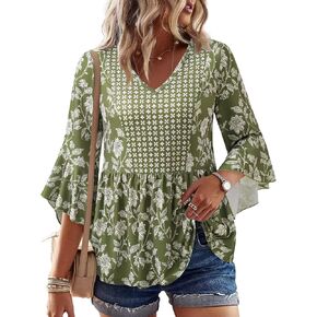 Youtalia Womens Boho Floral Pleated Babydoll Blouses Tie Strap V Neck Ruffle Sleeve Stretchy Knit Vacation Tunic Tops in Saudi Arabia