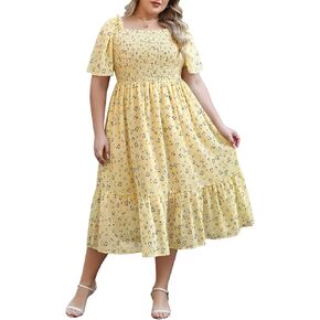 Keluummi Plus Size Wedding Guest Midi Dresses for Curvy Women, Summer Casual Boho Floral Smocked Empire Waist A Line Sundress in Kuwait