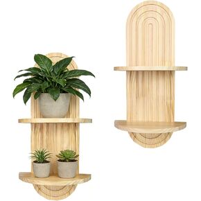 Boho Wall Shelves with Arched Wooden Design, Mid Century Modern Decor Plant Wall Shelf Set of 2, Double Floating Shelves for Home Living Room Bathroom Bedroom, 23.6 x 11.8 Inches (Natural) in Kuwait