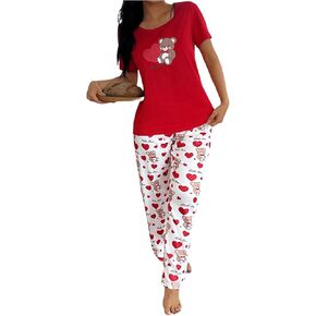 Women's 2 Piece Cute Cartoon Print Pajama Set Short Sleeve T Shirt and Pants Casual Lounge Sets in Kuwait