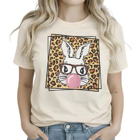 Cute Easter Bunny T-Shirt for Women - Funny Leopard Glasses Rabbit Graphic Tee, Sassy Bubblegum Spring Holiday Top in Saudi Arabia