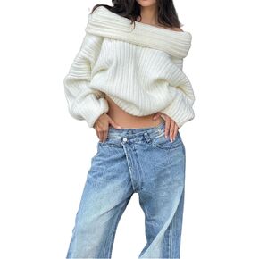 Women Off Shoulder Batwing Sleeve Oversized Chunky Sweaters (Free Size) in Saudi Arabia
