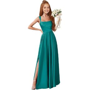 MRHUSH Junior Bridesmaid Dresses Satin Square Neck Flower Girl Dress Slit Prom Dresses for Teens Spaghetti Straps Formal Gown in Kuwait