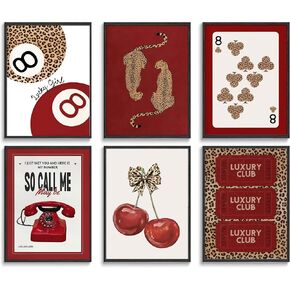 SYZPIKU 6Pcs Trendy Red Leopard Wall Art Cheetah Wall Decor Lucky 8 Ball Poster Red Cherry Bow Canvas Painting for Girls Bedroom Apartment Dorm Home Artwork Decorations Unframed in Saudi Arabia