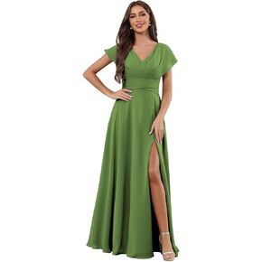 Mollyevers V Neck Chiffon Bridesmaid Dresses with Sleeves Long Slit A Line Formal Evening Dress for Women in Kuwait