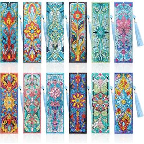 12Pcs DIY Diamond Art Bookmarks Kits Acrylic Painting Bookmarks with Rhinestone Flower Patterns Tassels for Adults Book Lover Craft Making in Kuwait