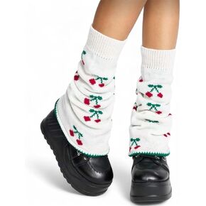 ClawsandPaws Kawaii تدفئة الساق البيضاء المتوهجة مع نمط الكرز الأحمر، تدفئة الساق متماسكة لطيف للنساء والفتيات، نمط Y2K، هدايا لها in Kuwait