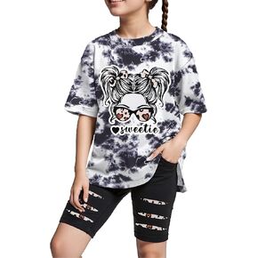 ملابس الفتيات قصيرة الأكمام التعادل صبغ أعلى السراويل السراويل 2PCS الفتيات ملابس الصيف حجم 6-16 in Kuwait