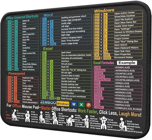 Mouse Pad 11.8"x9.8" – Portable Computer Mousepad with Excel, Word, PowerPoint & Windows Shortcuts – Gaming, Office, Waterproof, Non-Slip, Stitched Edges in Saudi Arabia