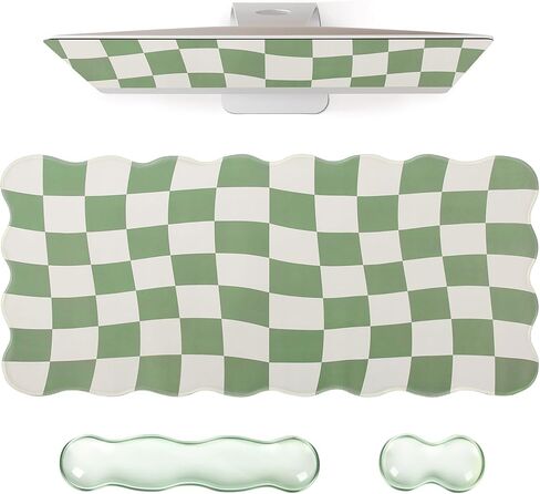 L-SPOUTTO Green Checkered Mouse Pad Set,Scalloped XXL Desk Mat + Ergonomic Mouse Wrist Rest + Gel Keyboard Wrist Rest for Keyboard 65%/75%,3in1 Large Desk Pad for Desktop Home Office Computer Game in Kuwait