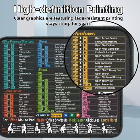 Mouse Pad 11.8"x9.8" – Portable Computer Mousepad with Excel, Word, PowerPoint & Windows Shortcuts – Gaming, Office, Waterproof, Non-Slip, Stitched Edges in Saudi Arabia