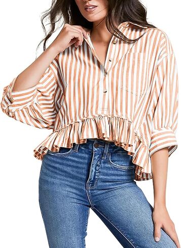 Womens Cropped Striped Shirts Button Down Half Sleeve Ruffle Bottom V Neck Casual Summer Blouse Tops in Saudi Arabia