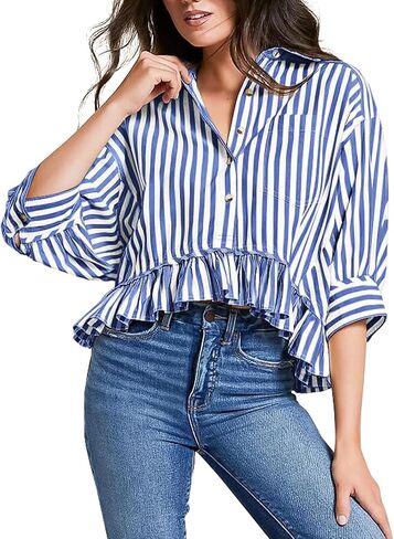 Womens Cropped Striped Shirts Button Down Half Sleeve Ruffle Bottom V Neck Casual Summer Blouse Tops in Saudi Arabia