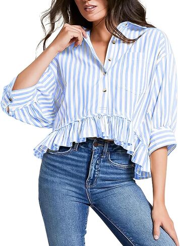 Womens Cropped Striped Shirts Button Down Half Sleeve Ruffle Bottom V Neck Casual Summer Blouse Tops in Saudi Arabia