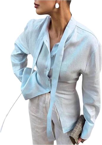 WDIRARA Women's Lace Up Back Button Down Shirts Long Sleeve Tie Collared Blouse Dressy Tops in Saudi Arabia