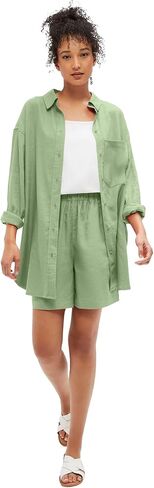 ellos Plus Size Oversized Linen-Blend Boyfriend Shirt in Saudi Arabia