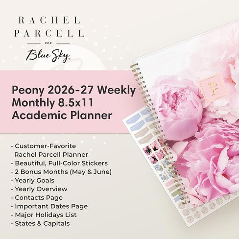 Blue Sky Rachel Parcell 2026-2027 Weekly and Monthly Academic Year Planner Calendar, July 2026 - June 2027, 8.5" x 11", Flexible Cover, Wirebound, Laminated Tabs, Storage Pocket, Includes Stickers, Peony in Saudi Arabia