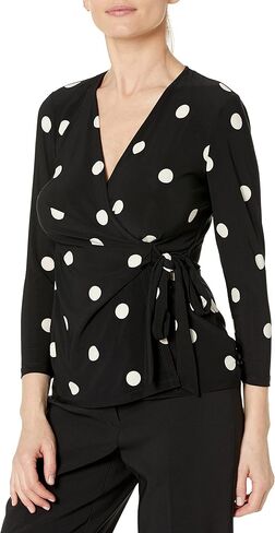 Anne Klein Women's 3/4 Sleeve Polka Dot Jersey Wrap Top in Saudi Arabia