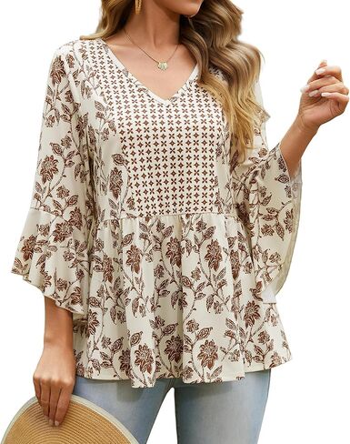 Youtalia Womens Boho Floral Pleated Babydoll Blouses Tie Strap V Neck Ruffle Sleeve Stretchy Knit Vacation Tunic Tops in Kuwait