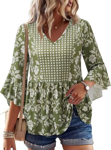 Youtalia Womens Boho Floral Pleated Babydoll Blouses Tie Strap V Neck Ruffle Sleeve Stretchy Knit Vacation Tunic Tops in Saudi Arabia