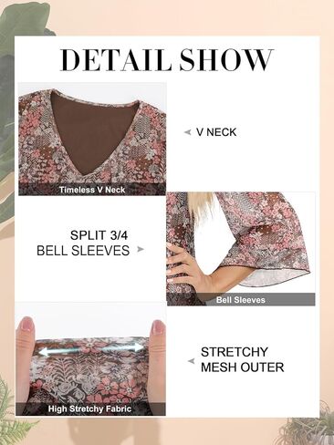 Womens Dressy Blouse V Neck Double Layers Elastic Mesh Casual Flowy Work Shirts Ruffle 3/4 Flared Sleeve Tunic Tops S-XXL in Saudi Arabia
