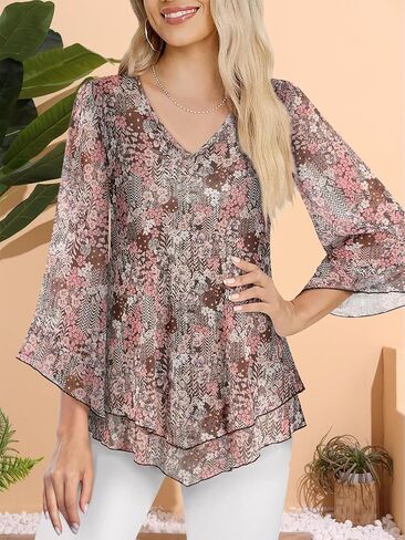 Womens Dressy Blouse V Neck Double Layers Elastic Mesh Casual Flowy Work Shirts Ruffle 3/4 Flared Sleeve Tunic Tops S-XXL in Saudi Arabia