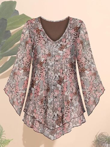 Womens Dressy Blouse V Neck Double Layers Elastic Mesh Casual Flowy Work Shirts Ruffle 3/4 Flared Sleeve Tunic Tops S-XXL in Saudi Arabia
