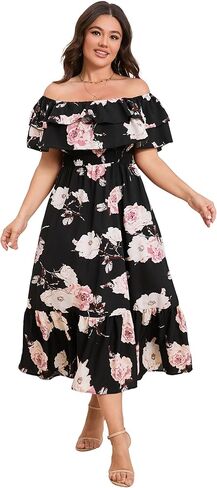 KOJOOIN Women Plus Size Off Shoulder Maxi Dress Ruffle Flowy Casual Summer Boho Long Dresses in Saudi Arabia