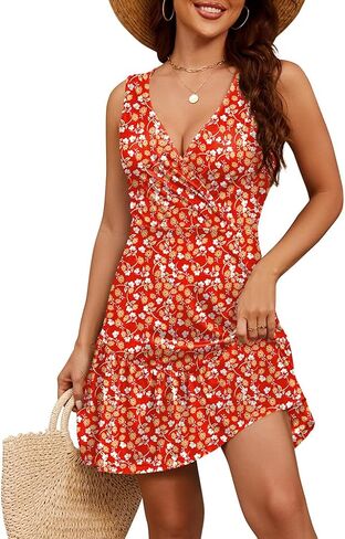 فستان صيفي قصير للسيدات من Naggoo بدون أكمام وفساتين زهرية مثيرة ورقبة على شكل حرف V in Kuwait